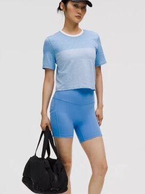 lululemon athletica Light Blue Striped Short Sleeve Tee